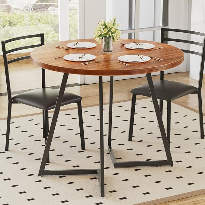 VECELO Round Dining Table Set for 4, Wood Tabletop & Heavy-Duty Steel Frame, 5-Piece Dinette with Chairs for Kitchen, Breakfast Nook, Walnut & Black