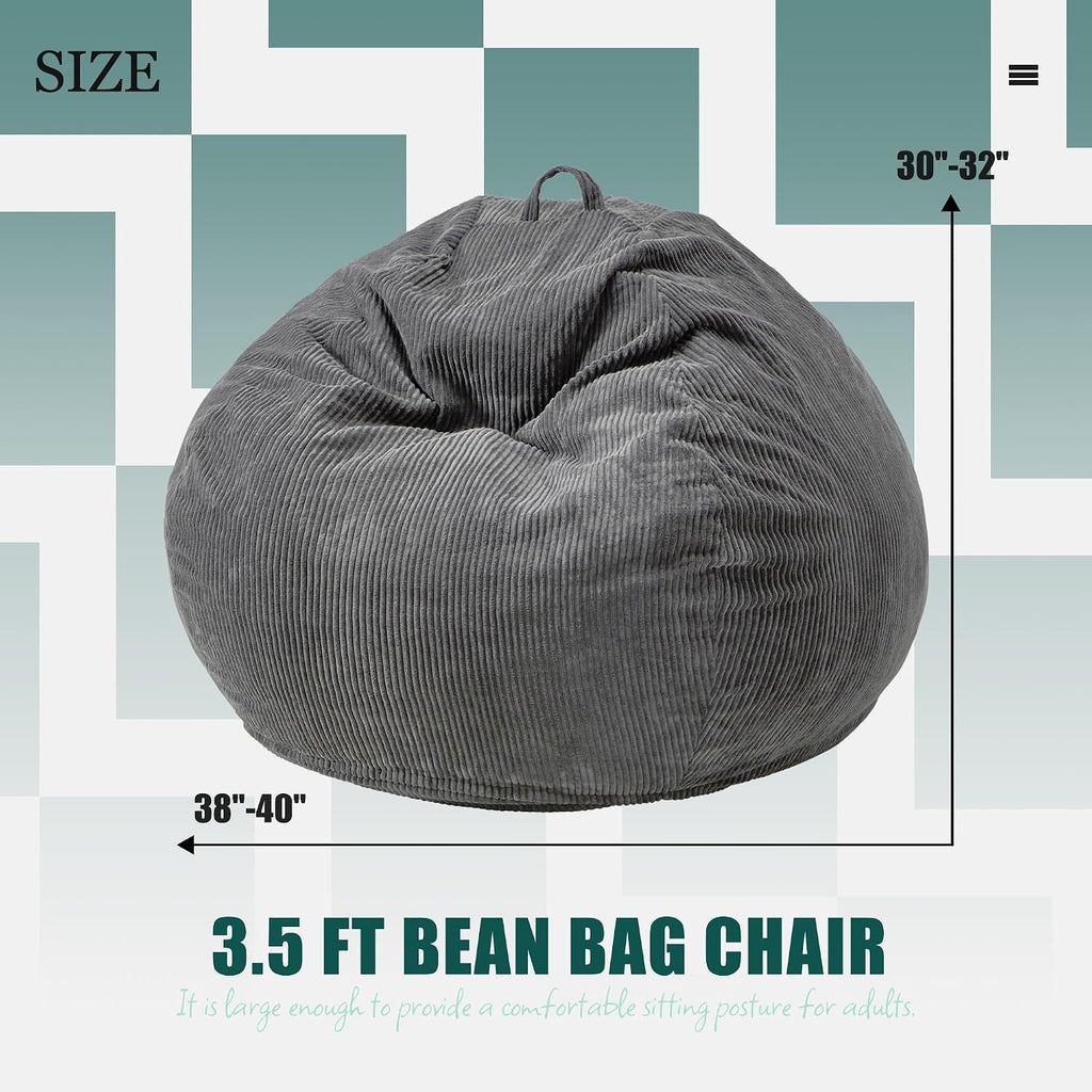 Hobestluk 3.5FT Bean Bag Chair Large Bean Bag with Filler Included Bean Bag Chairs for Adults Teardrop Bean Bag Chair with Removable Cover for Bedroom Living Room - (Large, Grey)