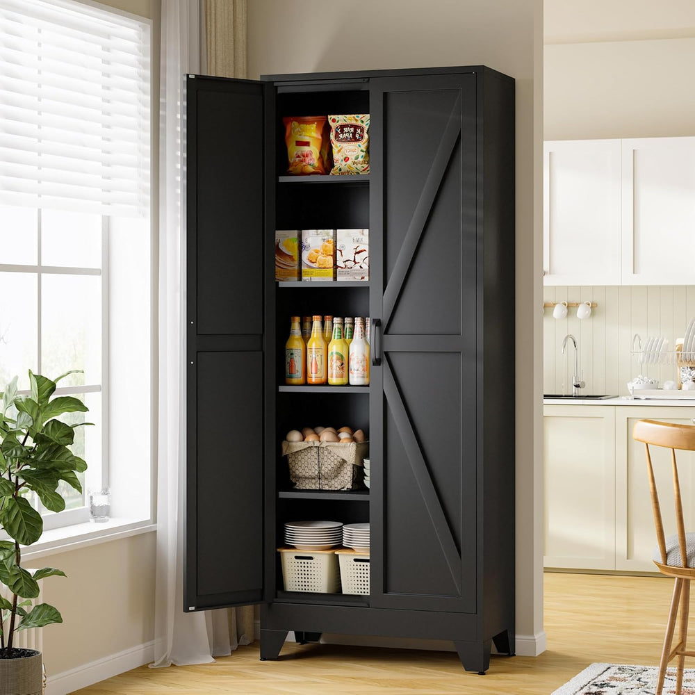 RAVIGIN Farmhouse Storage Cabinet,75" H Metal Pantry Cabinet with Barn D...