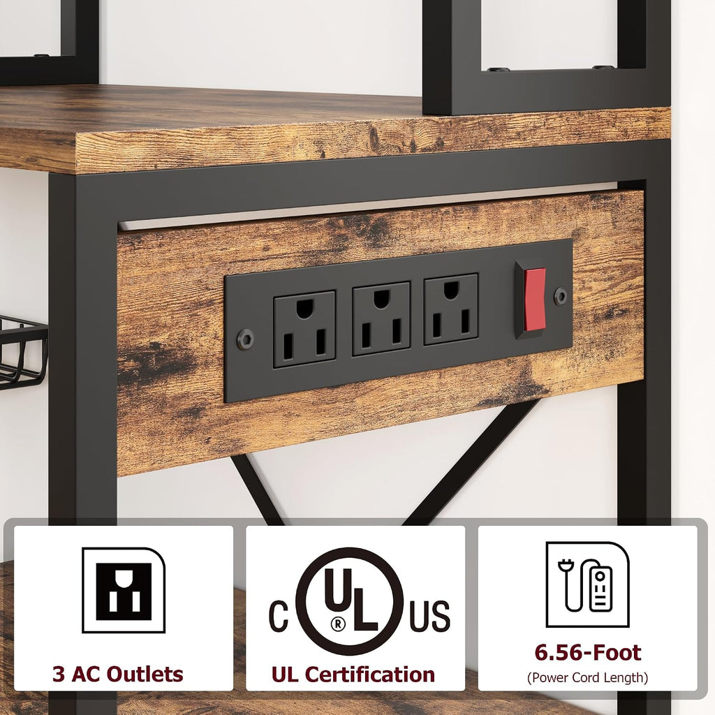 IDEALHOUSE Bakers Rack with Power Outlet, Microwave Stand with 2 Wire Drawer, Industrial Coffee Bar Station, 7-Tier Kitchen Bakers Rack with Large Storage for Spice, Pots Organizer, Rustic Brown