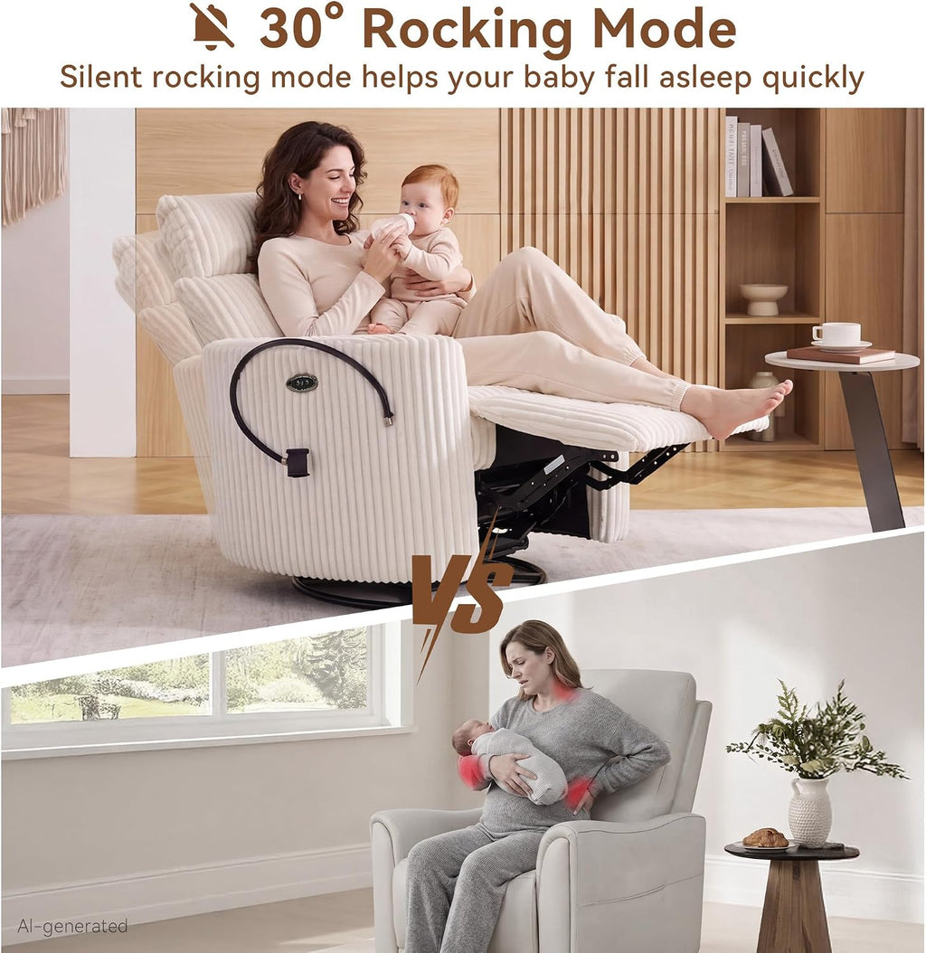 FOXHUNTER Power Nursery Rocking Chairs 300°Swivel Corduroy, White | 30° Rocking Mode, Glider Rocking Recliner With USB Port, Phone Holder,2 Cushions, Adjustable Headrest,for Living Room