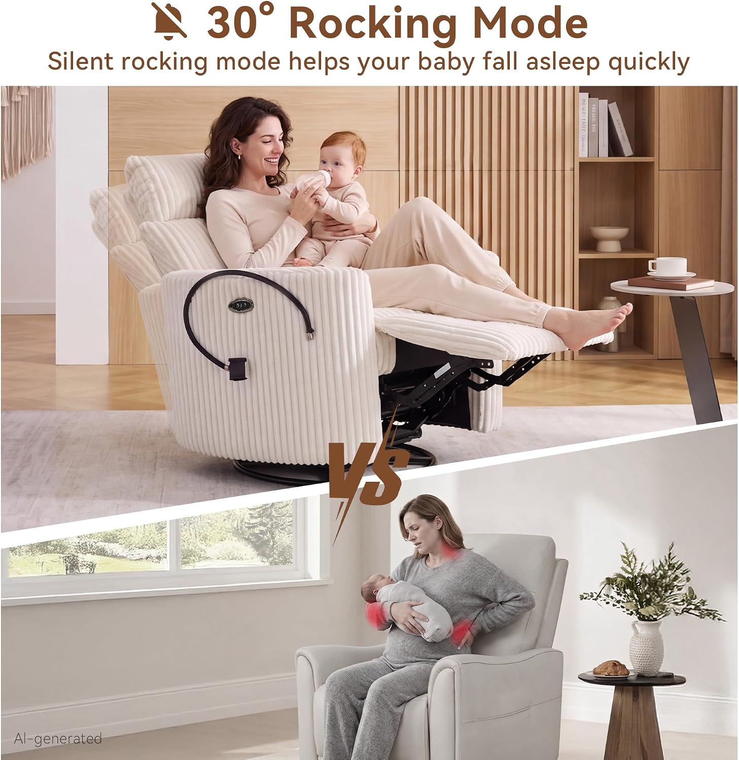 FOXHUNTER Power Nursery Rocking Chairs 300°Swivel Corduroy, White | 30° Rocking Mode, Glider Rocking Recliner With USB Port, Phone Holder,2 Cushions, Adjustable Headrest,for Living Room