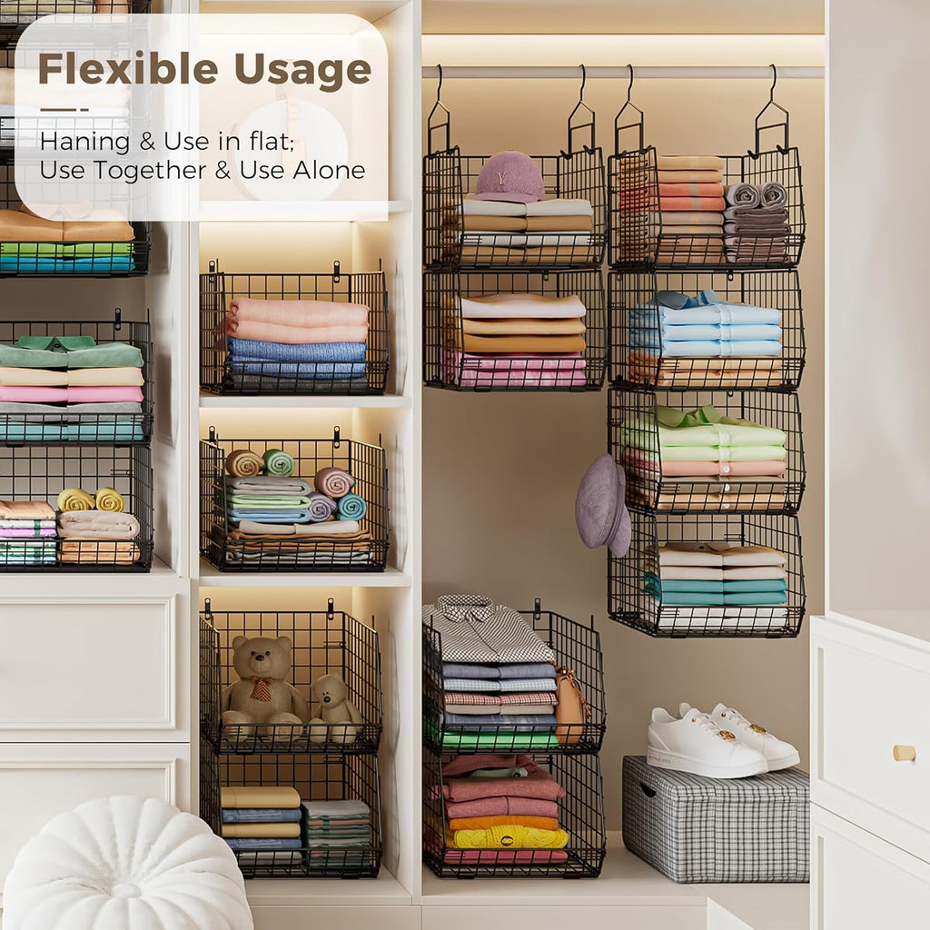 4" Extra Deeper Hanging Closet Organizers and Storage,4 Tier Foldable Wire Cabinet Shelves with 5 S Hooks,Small Metal Basket Bins for Clothes Sweaters Handbags, Wardrobe for Kitchen Laundry Room，Black