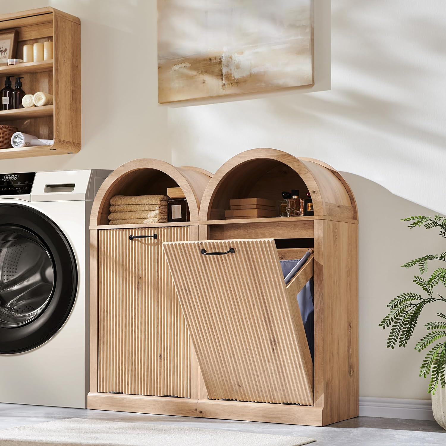 Arched Tilt-Out Trash Can Cabinet, Fluted 10 Gallon Trash Can Cabinet Set of 2, Modern Laundry Hamper, Hidden Garbage with Storage Basket for Kitchen, Living Room, Natural