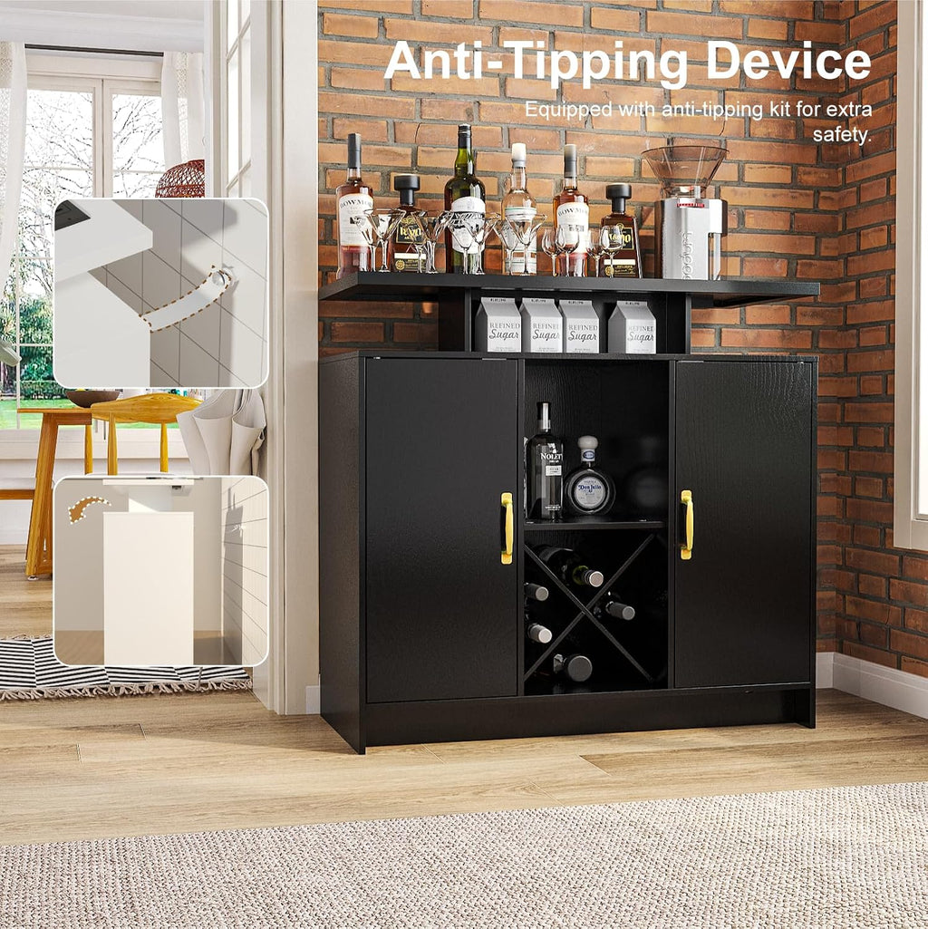 Wine Bar Cabinet with Power Outlet and LED Light, Coffee Bar Cabinet with Wine Rack, Storage Shelves and Cabinets, Large Space Liquor Cabinets for Kitchen Dining Room Living Room, Black
