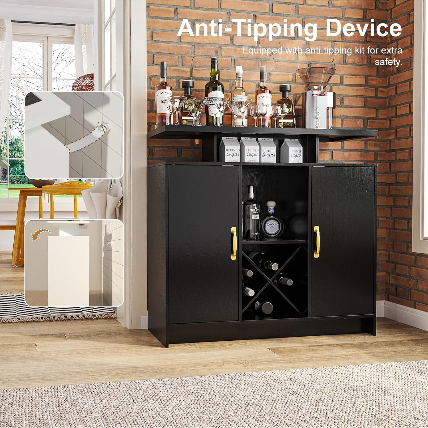 Wine Bar Cabinet with Power Outlet and LED Light, Coffee Bar Cabinet with Wine Rack, Storage Shelves and Cabinets, Large Space Liquor Cabinets for Kitchen Dining Room Living Room, Black