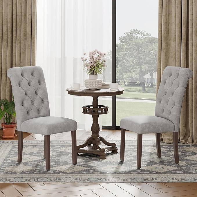 Upholstered Tufted Dining Room Chairs Set of 2, Parsons Kitchen Chairs with Padded Seat and Solid Wood Legs, Fabric Accent Side Diner Chair for Dining Room/Kitchen/Living Room, Light Grey