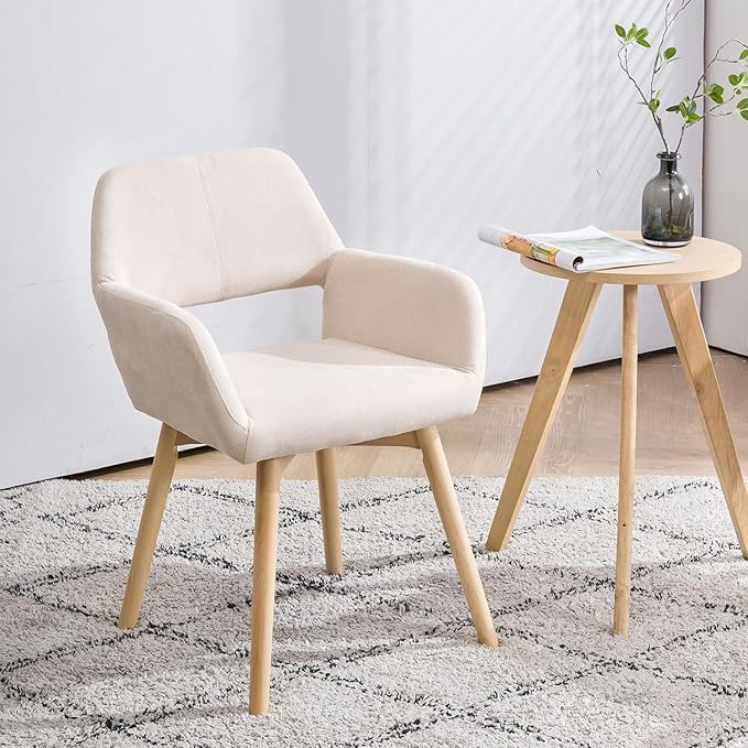 Desk Chair No Wheels Vanity Chair Comfy Accent Chair for Living Dining Room Bedroom Home Office Mid Century Modern Upholstered Armchair Sofa Chair (Beige, 1)