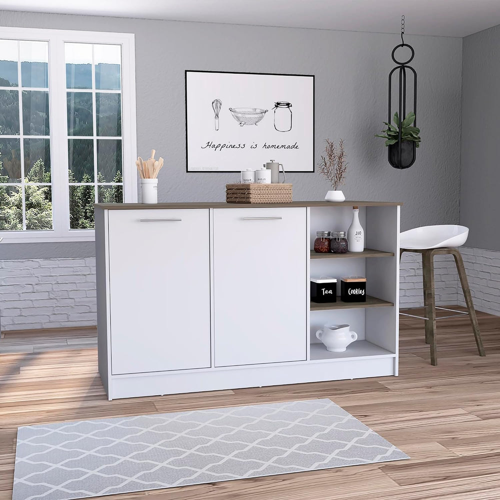 Kitchen Island with Three Open Shelves and Two Cabinets - White/Dark Brown | ...