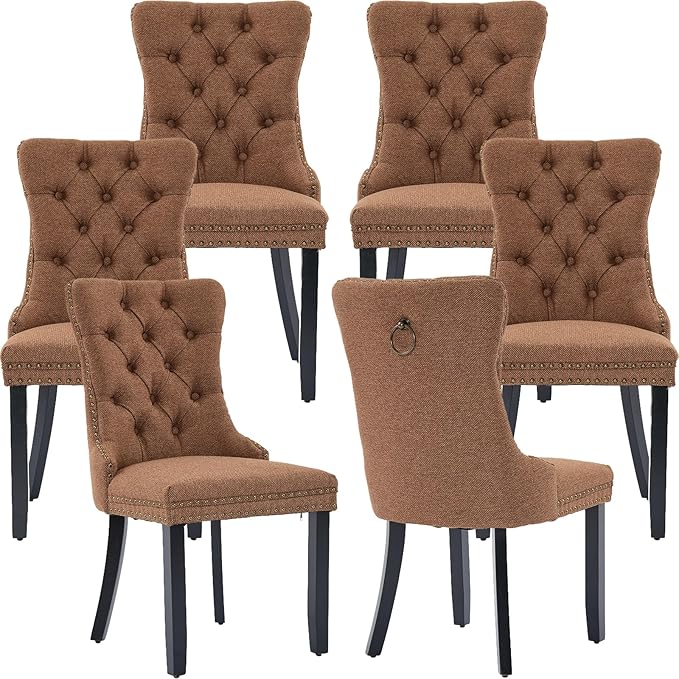 Modern Dining Chairs Set of 6, Tufted Upholstered Dining Chairs with Solid Wood Legs, Brown Linen Fabric Kitchen Chair, Sillas de Comedor, Comfy Kitchen Chair (Brown, Linen, 6Pcs)