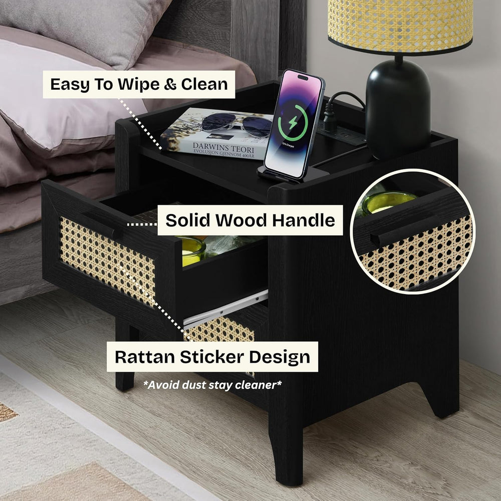 ELISA HOME Rattan-Inspired 2 Drawer Nightstand with Charging Station, Bedside...