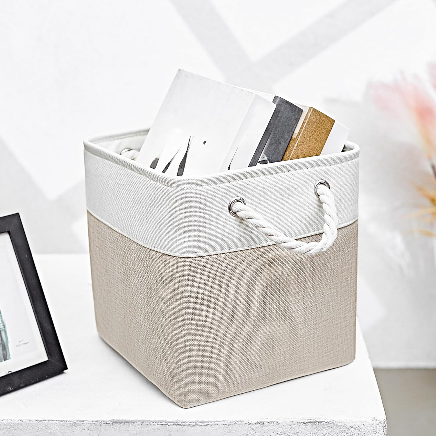 Fabric Storage Cubes, 11 inch cube storage bin with Handles, 11x11cube storage organizer bins, Collapsible Storage Bins for Shelves and Home, Cubby Storage Bins (white-khaki, 10.5x10.5x11in)