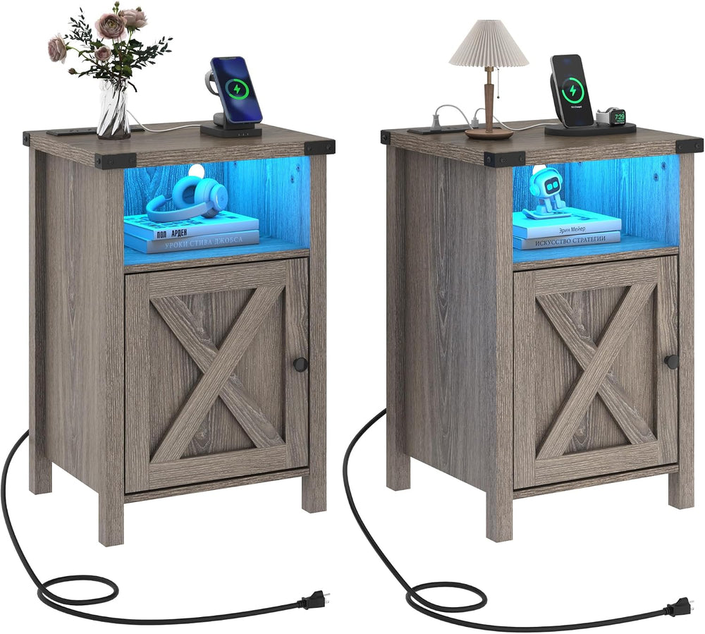 Hlivelood Farmhouse LED Nightstand Set of 2 with Charging Station, Rustic End...