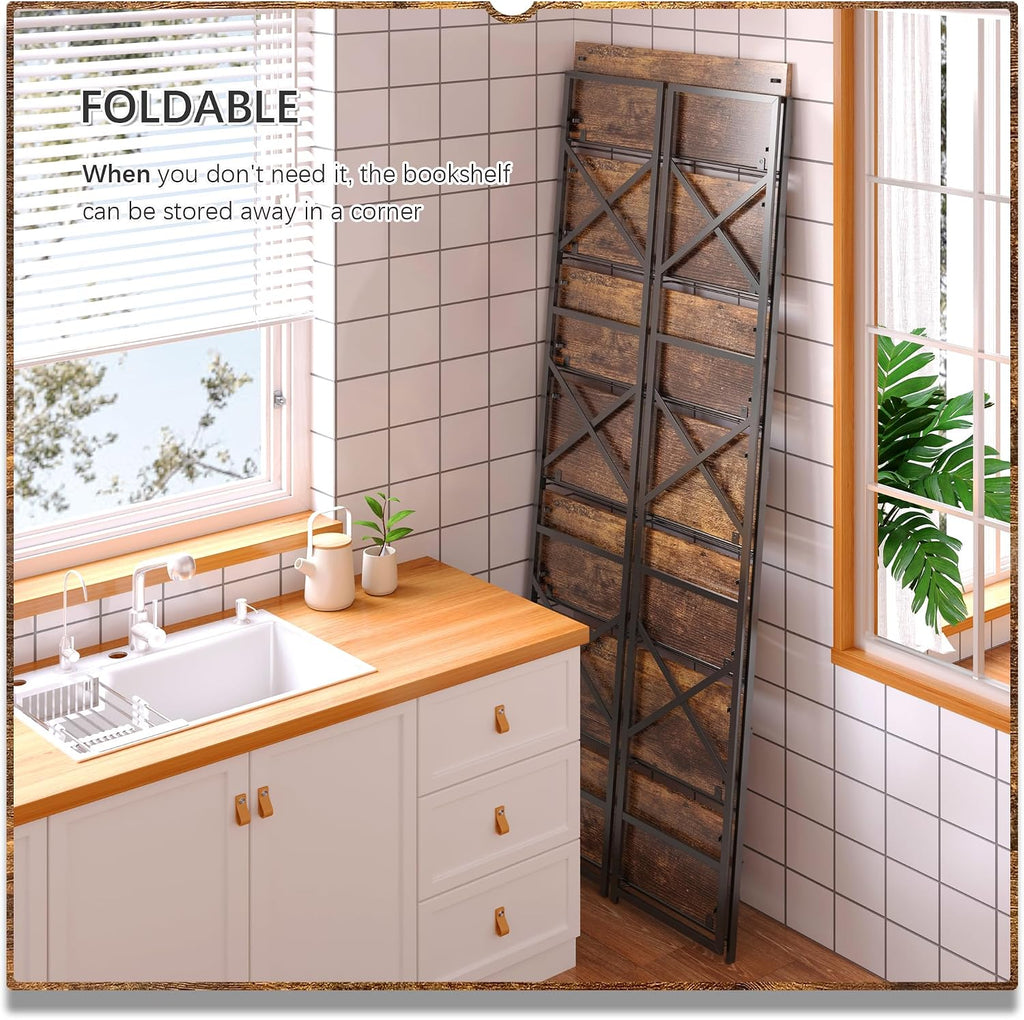 4NM 7 Tiers No Assembly Book Shelves, 72.4" H Folding Bookshelf Bookcase Open Industrial Foldable Shelves for Bedroom, Living Room, Home Office - Rustic Brown Black