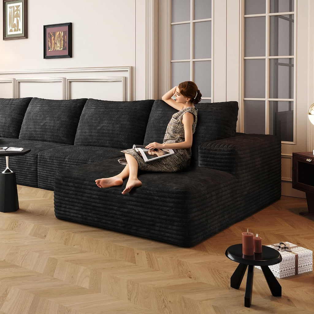 107" Boneless Couch with L Shaped Chaise, Plush Corduroy Sleeper Sectional Sofa, Deep Seat Comfy Couches for Living Room Bedroom, Compressed Foam Cloud Sofas, No Assembly, Left Facing Chaise, Black