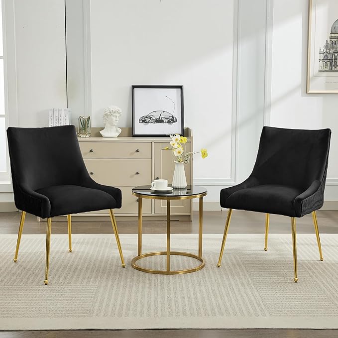 Velvet Dining Chairs Set of 4 Gold Legs,Upholstered Velvet Accent Chairs, Pleated Back Design & Gold Pull Handle, Mid Century Modern Chairs for Dining/Kitchen/Living Room,Black