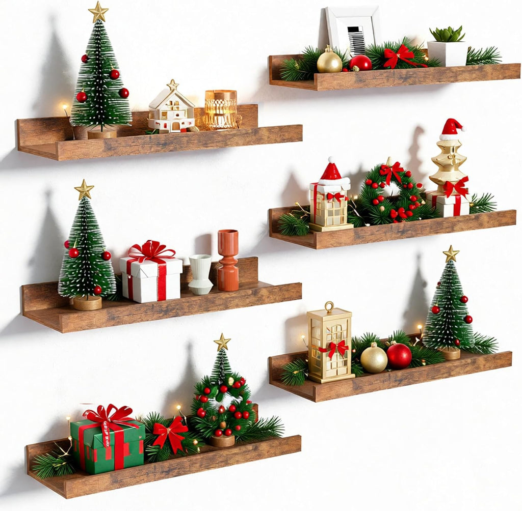 upsimples Floating Shelves for Wall, Wall Shelves for Decor Storage Set of 6, Wall Mounted Wood Shelf for Bedroom, Living Room, Bathroom, Kitchen, Picture Ledge Shelf, Brown