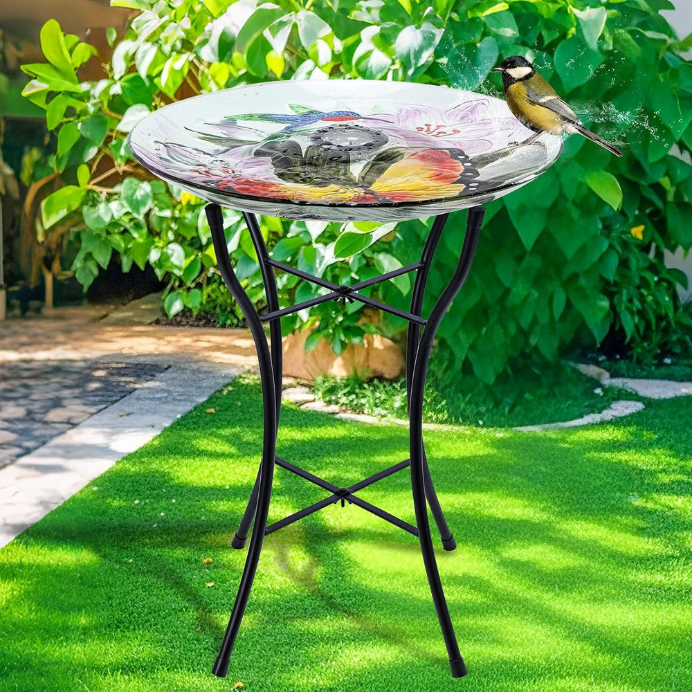 MUMTOP Outdoor Glass Bird Bath Solar Birdbath with Metal Stand Garden Decor