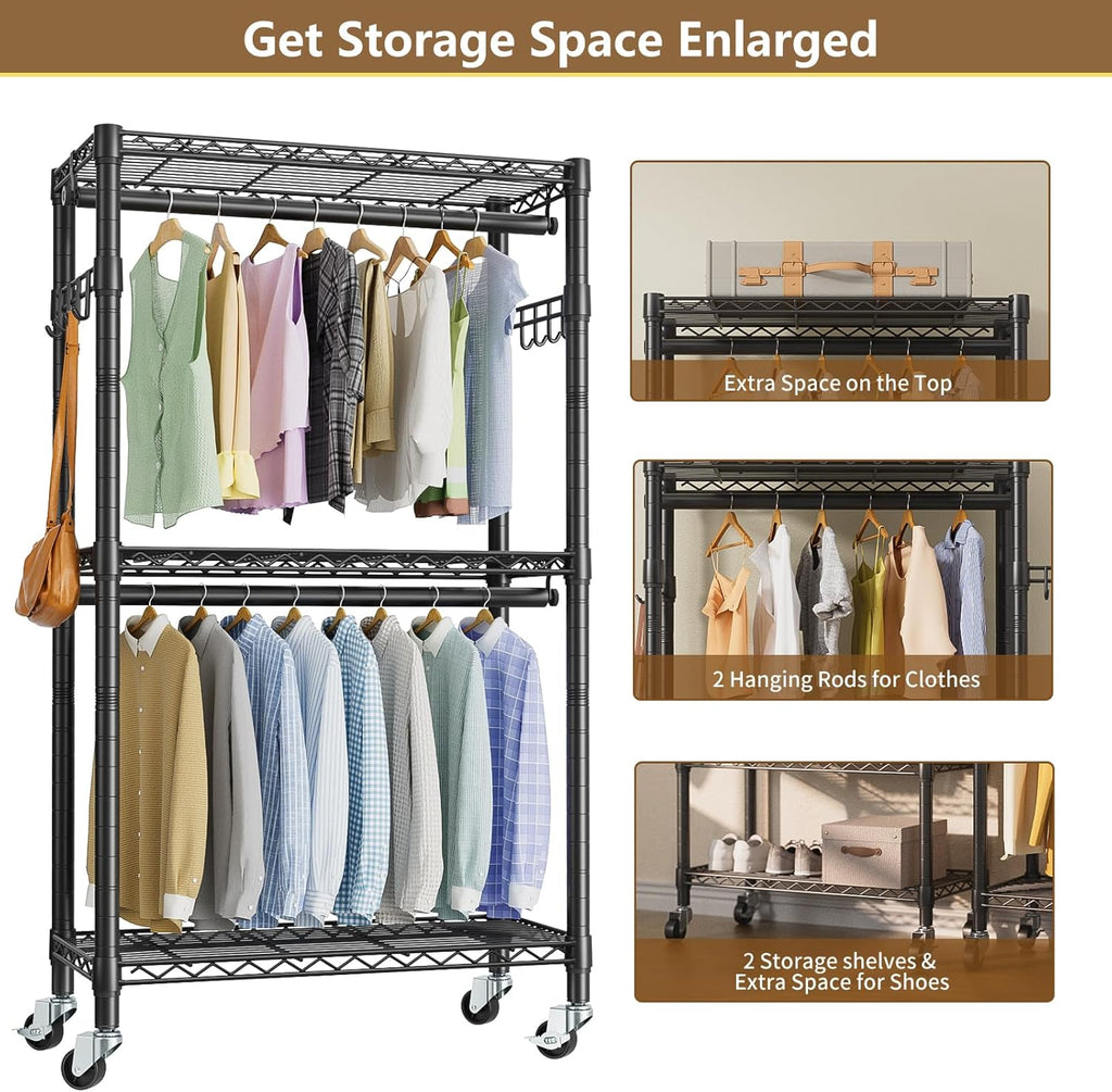 Heavy Duty Clothes Rack Rolling Garment Rack,3 Tier Adjustable Wire Shelving Clothing Racks for Hanging Clothes with Double Rods&Side Hooks,Freestanding Wardrobe Storage Rack Metal Portable Closet