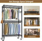 Heavy Duty Clothes Rack Rolling Garment Rack,3 Tier Adjustable Wire Shelving Clothing Racks for Hanging Clothes with Double Rods&Side Hooks,Freestanding Wardrobe Storage Rack Metal Portable Closet