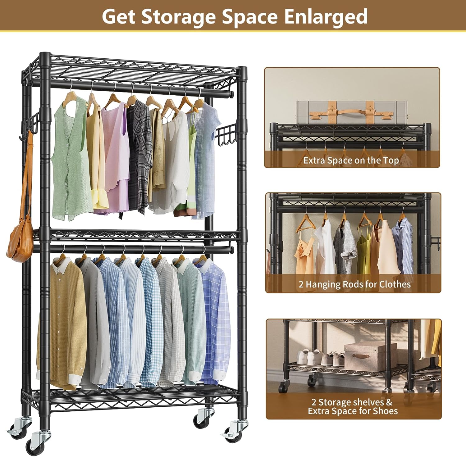 Heavy Duty Clothes Rack Rolling Garment Rack,3 Tier Adjustable Wire Shelving Clothing Racks for Hanging Clothes with Double Rods&Side Hooks,Freestanding Wardrobe Storage Rack Metal Portable Closet