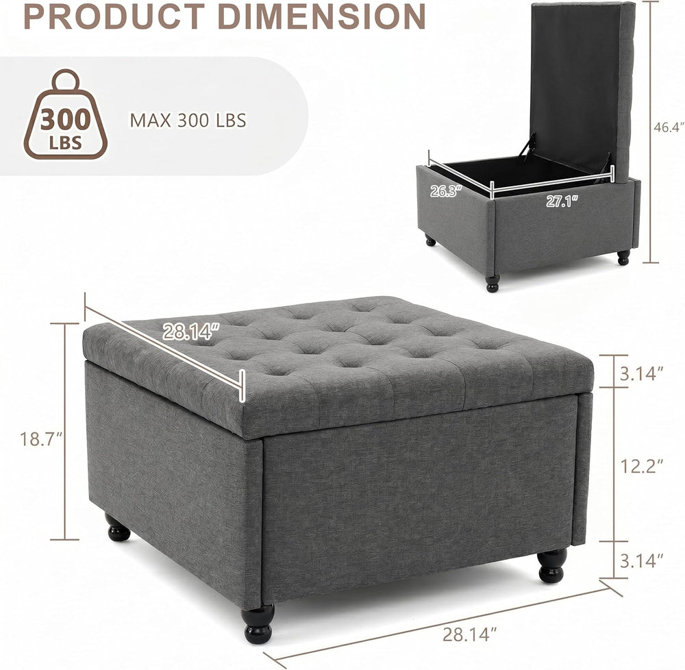 28" Large Square Ottoman with Storage, Fabric Ottoman Coffee Table, Grey...