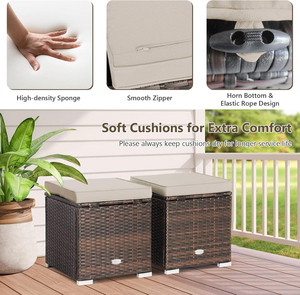 Tangkula 2 Pieces Patio Ottomans, Patiojoy Hand-Woven PE Rattan Side Table wi...