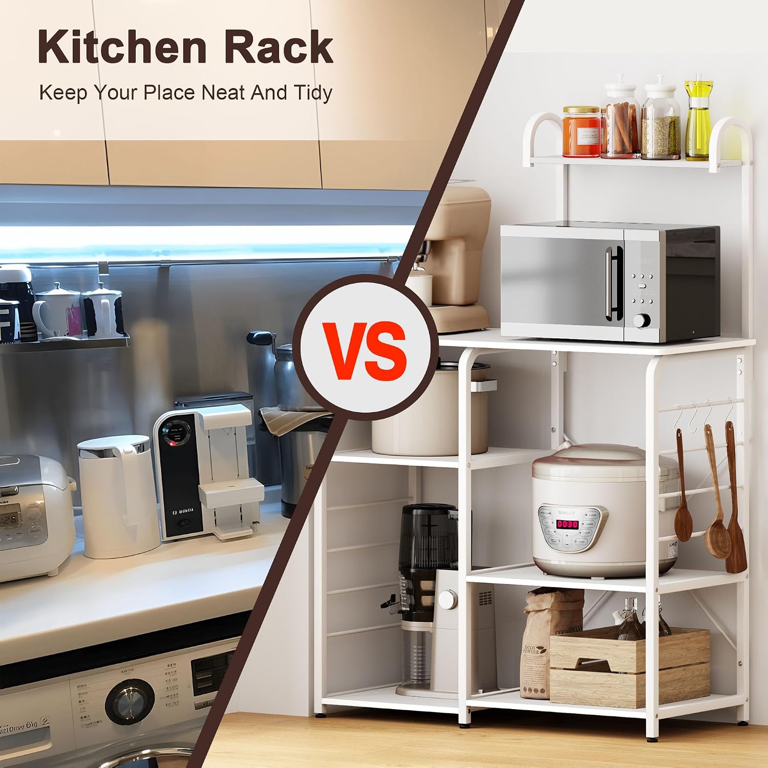 sogesfurniture Kitchen Baker's Rack, 35.4'' Utility Microwave Oven Stand, 4-Tier Capacity Utility Storage Shelf with 5 Hooks, White