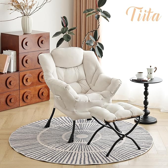 Tiita Lazy Chair with Ottoman, Modern Large Accent Lounge Armchair, Comfy Leisure Sofa Reading Chair with Footrest for Bedroom, Living Room, Dorm Rooms, Garden and Courtyard, Beige