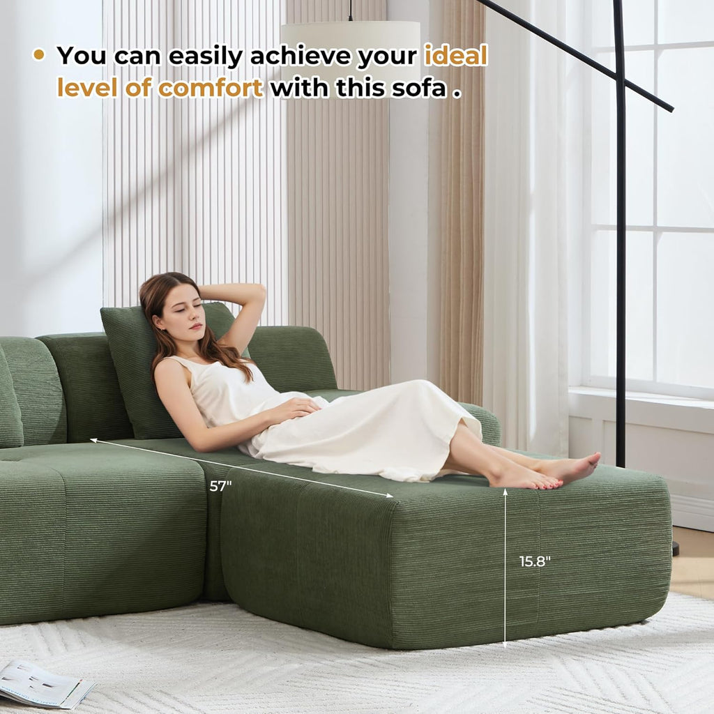 122" U Shaped Boneless Modular Sectional Sofa, Oversized 5-Seater Full Sponge Cloud Couch with Movable Ottoman, Corduroy Upholstery Couches for Living Room, No Assembly, Green