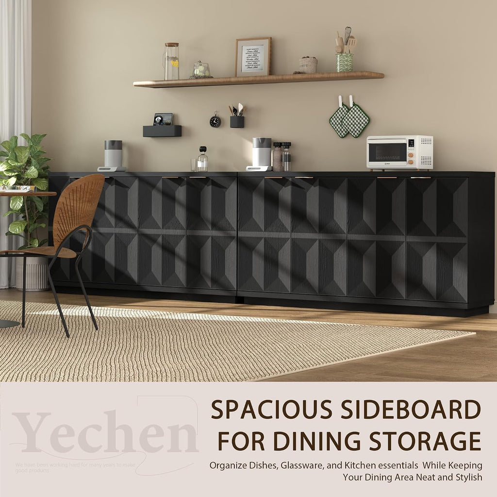 Yechen 118" Black Sideboard Buffet Cabinet with Storage, Modern Credenza with 3D Geometric Pattern Doors & Adjustable Shelves, Accent Wood Media Console Table for Living Room, Kitchen/2 Pieces
