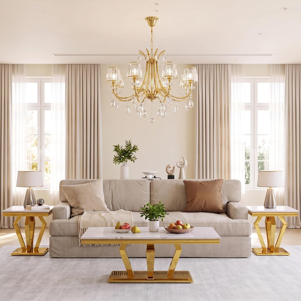 Asday White Coffee Table Set of 3, Gold Polished Geometric Metal Base | Luxur...
