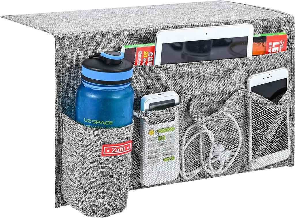 Linen 5 Pockets Bedside Caddy, Bedside Storage Organizer with Water Bottle Holder for Magazine, Remotes, Phone (Grey)