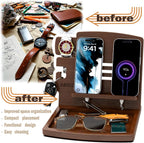 MED Wood Phone Docking Station – Nightstand Desk Organizer for Phone, Watch, Wallet & Tablet – Gift for Men, Husband, Dad & Women – Wooden Charging Stand (Dark Walnut, Model 1)