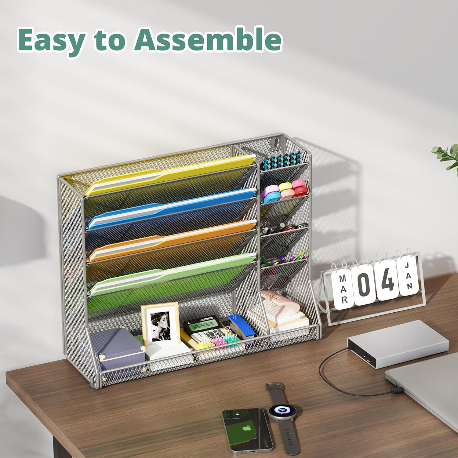 File Organizer Wall Mounted 4 Tiers Durable Adjustable Metal Vertical Hanging With 4 Pen Slots Stable R-shaped Bottom 4 Pull-out Devider to Sort File, Mail, Newspaper,Pen, Suitable for Office, Silver