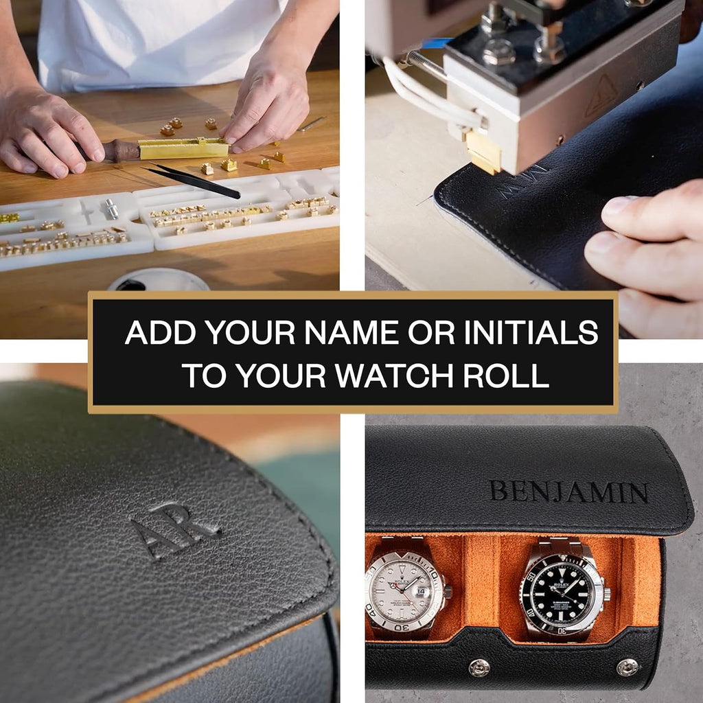 DailyWatch | Personalized Watch Roll Travel Case For 4 Watches - Handmade Genuine Leather Travel Case With Custom Engraving of Name or Initials - Black Orange