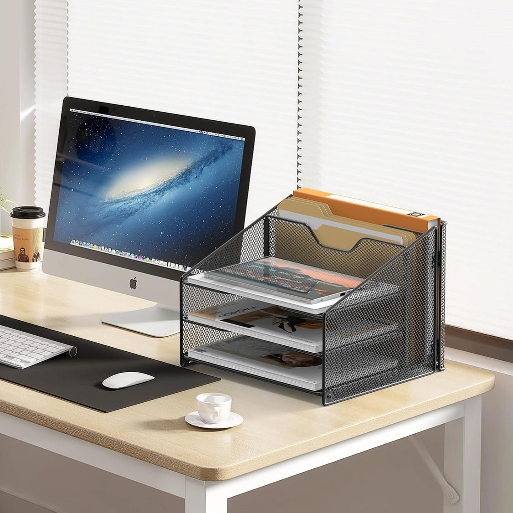Samstar Desk File Organizer, Mesh Letter File Folder Holder with 3 Paper Trays and 2 Vertical Upright Section, for Office Supplies,Desk Accessories & Workspace,Black.
