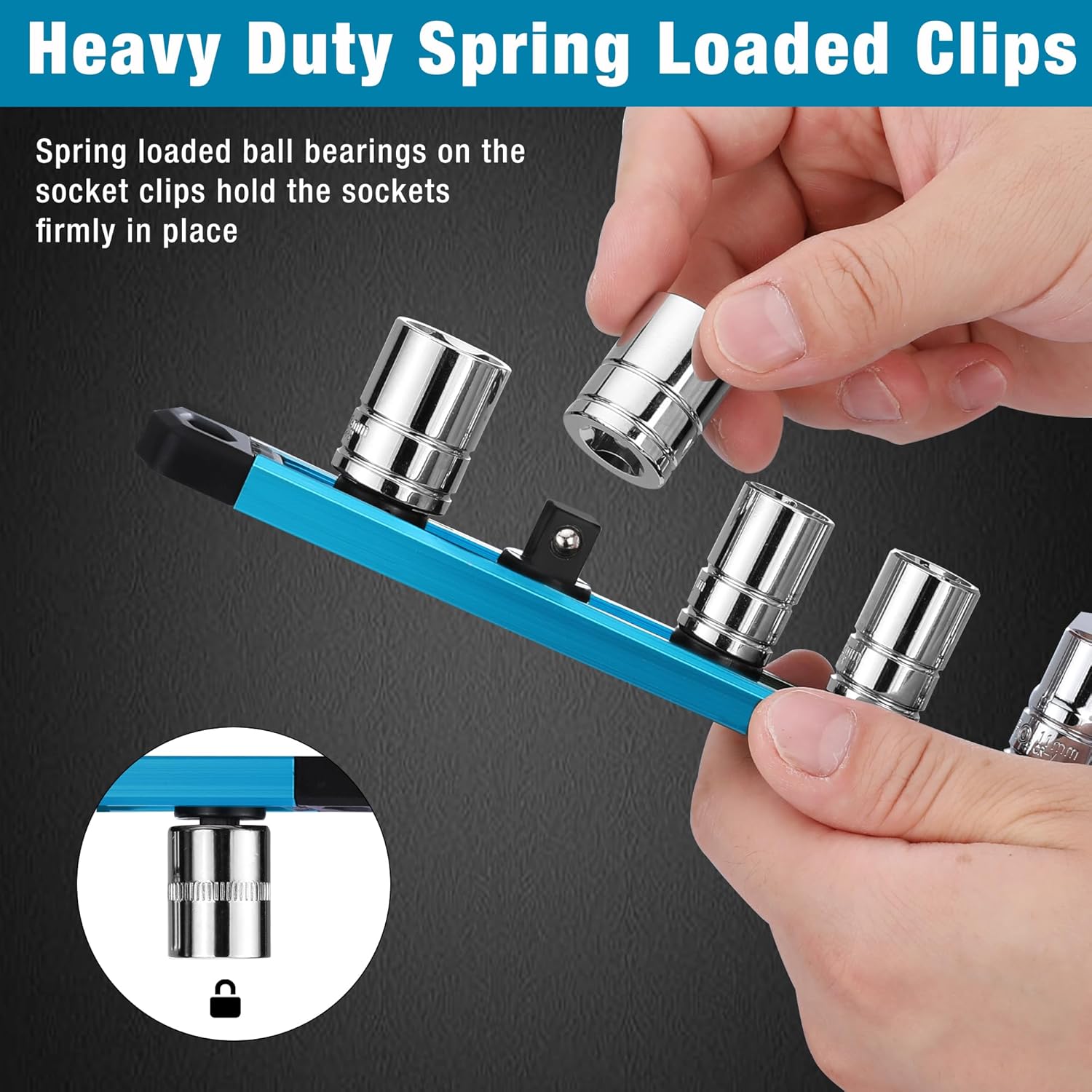 WORKPRO Magnetic Socket Organizer, 3/8-Inch Drive Aluminum Alloy Socket Rail, Heavy Duty Socket Holder, Socket Rack Kit 3/8-Inch x 10 Clips Sky Blue (Socket not Included)