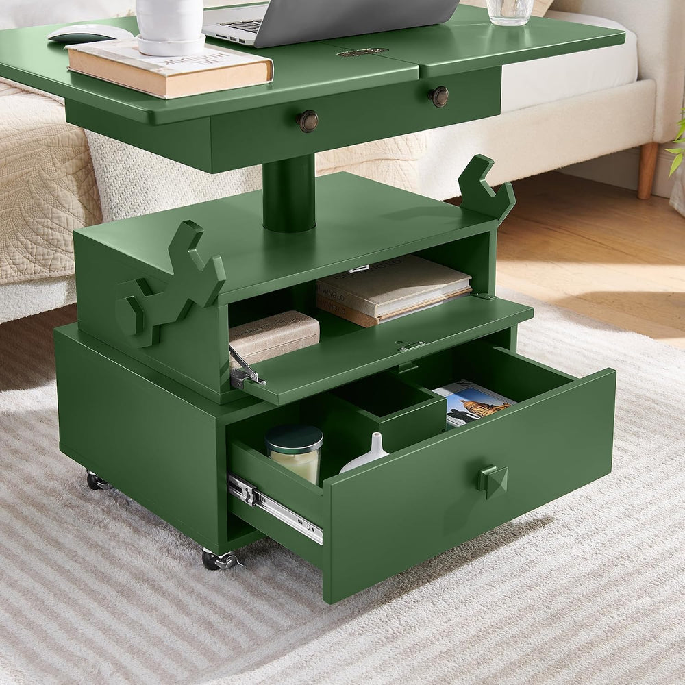 High Gloss Rolling Lift Top End Table with Charging Station, Height Adjustabl...