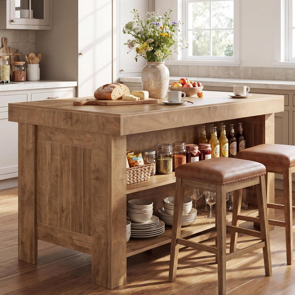 Tribesigns 55" Kitchen Island with Storage & Seating (Natural Brown ...