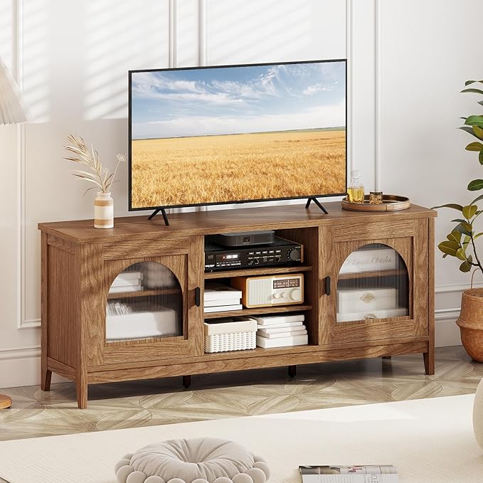Giantex Farmhouse TV Stand for TVs up to 65", Modern Vintage Entertainment Center w/Storage, Adjustable Shelves, Cable Holes&Glass Doors, Media TV Console Table for Bedroom, Living Room (Walnut)