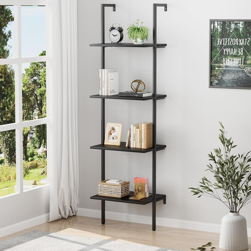 Ladder Shelf 4 Tiers Metal Industrial Bookshelf,Black Wooden Tall Open Storag...