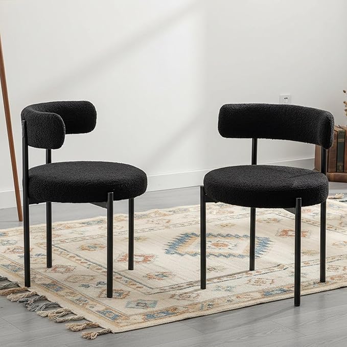 Boucle Dining Chairs Set of 2, Black Dining Chairs with Upholstered Seat and ...