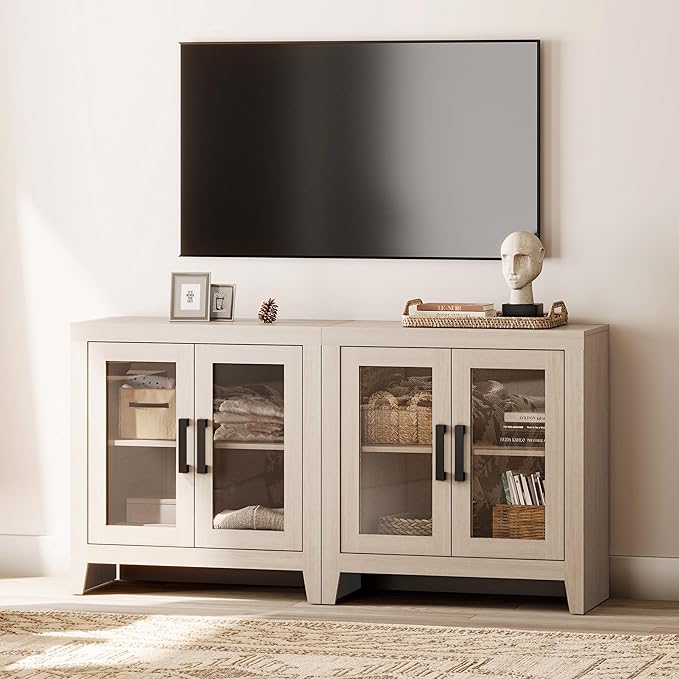 WAMPAT Farmhouse TV Stand for TVs up to 65”, Rustic Wood Entertainment Center with Adjustable Shelf, Glass Doors & Storage, Media Console Cabinet for Living-Room, Bedroom, Beige