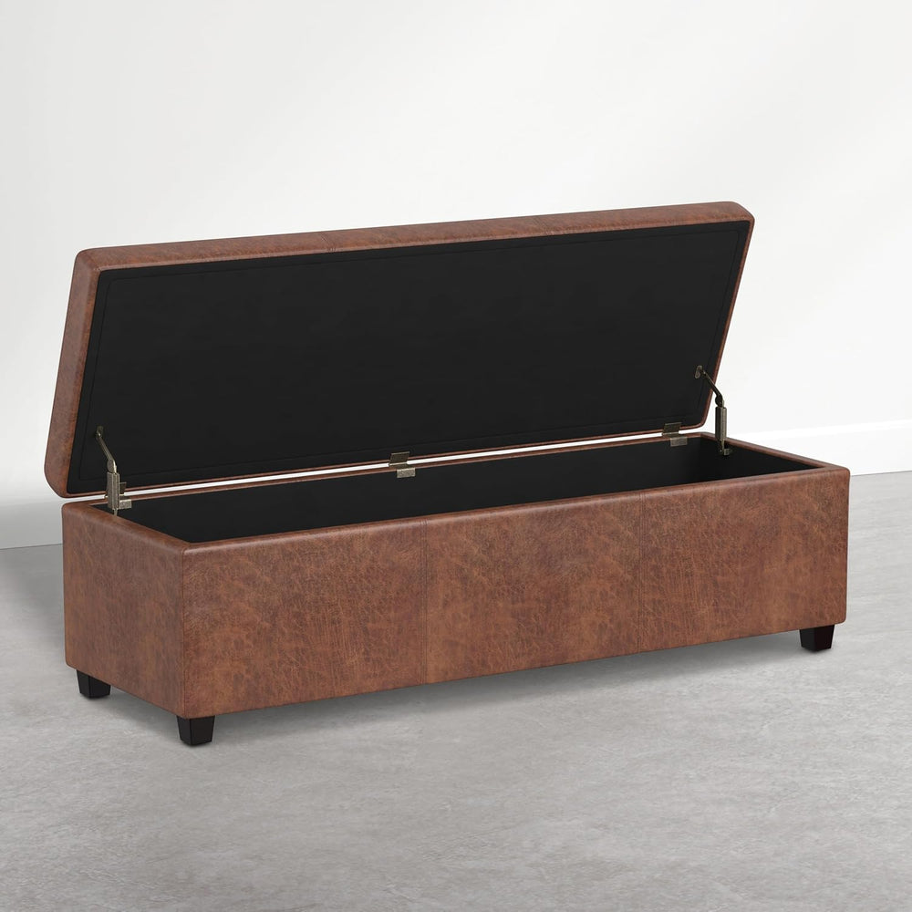 SIMPLIHOME Avalon 54" Vegan Leather Ottoman in Distressed Pecan Brown