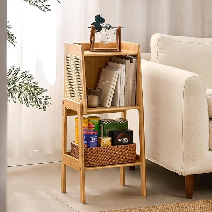 Welnow Bamboo Rattan Bookcase with Cabinet, 1-Tier Storage Shelf with Side Ta...