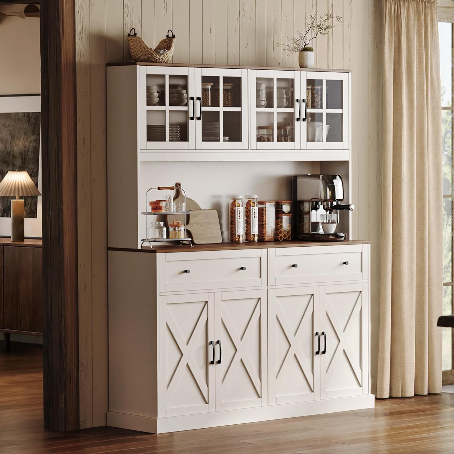 PRAISUN 71''H x 55.1''W Pantry Cabinet with Charging Station, 4 Wide Cabinets Kitchen Pantry with 2 Drawers, Farmhouse Hutch Storage Cabinet, Tall Coffee Bar, Acrylic Door, Adjustable Shelves, White
