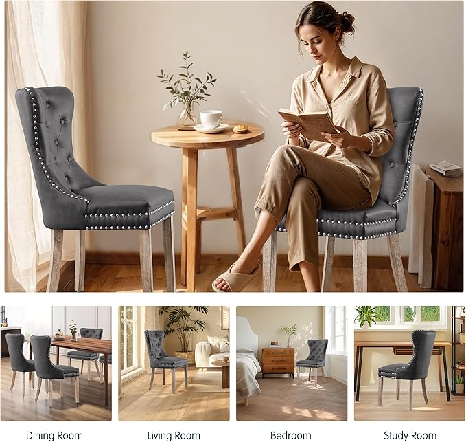 SyMax Dining Chairs Set of 2, Faux Leather Parson Dining Room Chairs, High-End Tufted Kitchen Side Chairs for Bedroom, Living Room, Gray