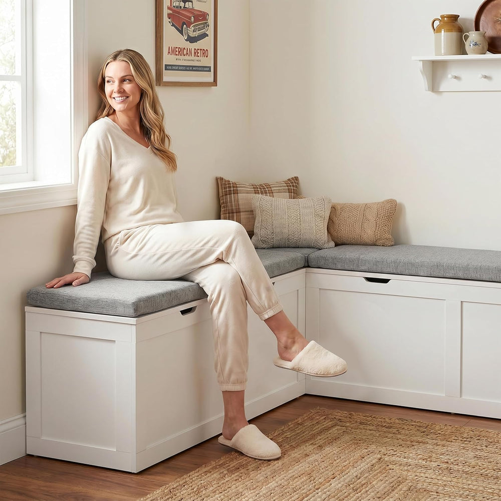 63” Breakfast Nook Bench, L Shaped Storage Bench with Cushion, White | Corner...