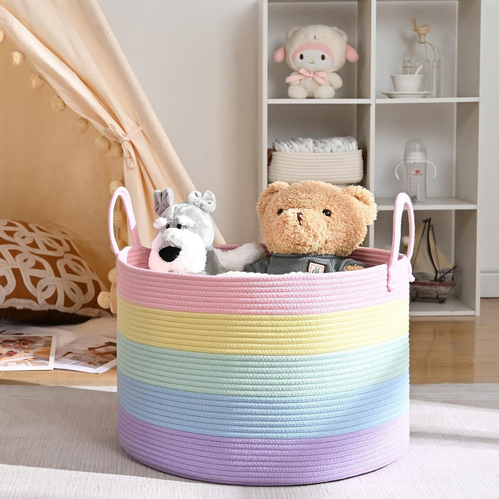67L Large Rainbow Blanket Basket, Cotton Rope Baby Laundry Hamper with Handles, Kids Toy Basket for Classroom & Nursery, Soft Round Stuffed Animal Storage, Dog Toy Bin - 20"x13", Light Rainbow